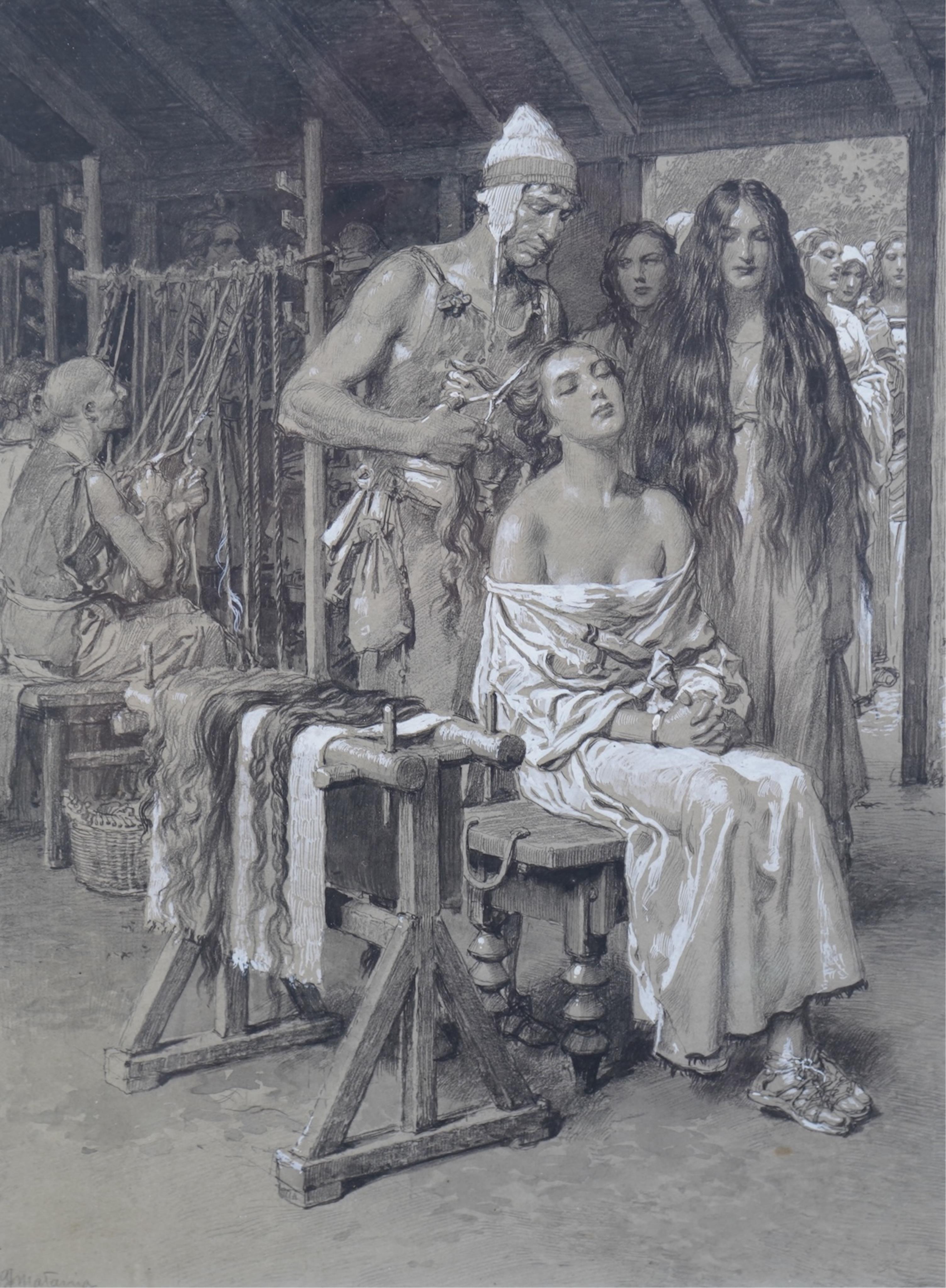 Fortunino Matania, Italian (1881-1963), 'The Women Sacrificing Their Hair'